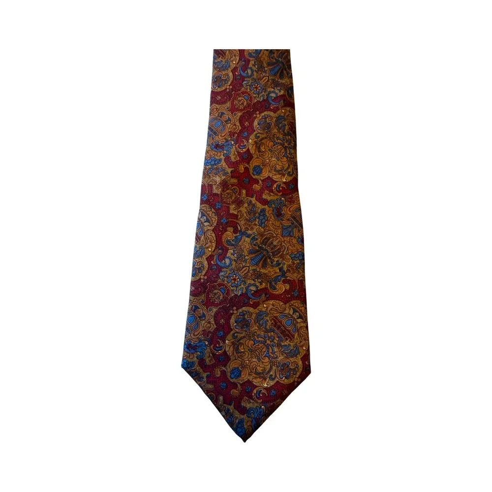 Christian Dior Monsieur Silk Tie Burgundy‎ Gold Baroque Paisley Vtg Made in USA